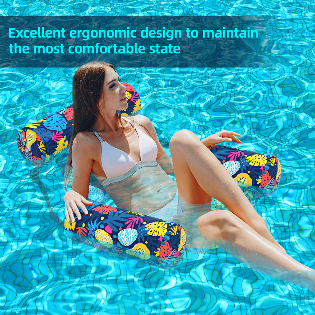 Pool Floats Adult, 2 Packs Fabric Inflatable Hammock Pool Lounge Chairs, Blow up Pool Floats for Adults, Hawaii Flower Pattern Floats for Pool Floating, Party Summer Water Beach Lake Fun