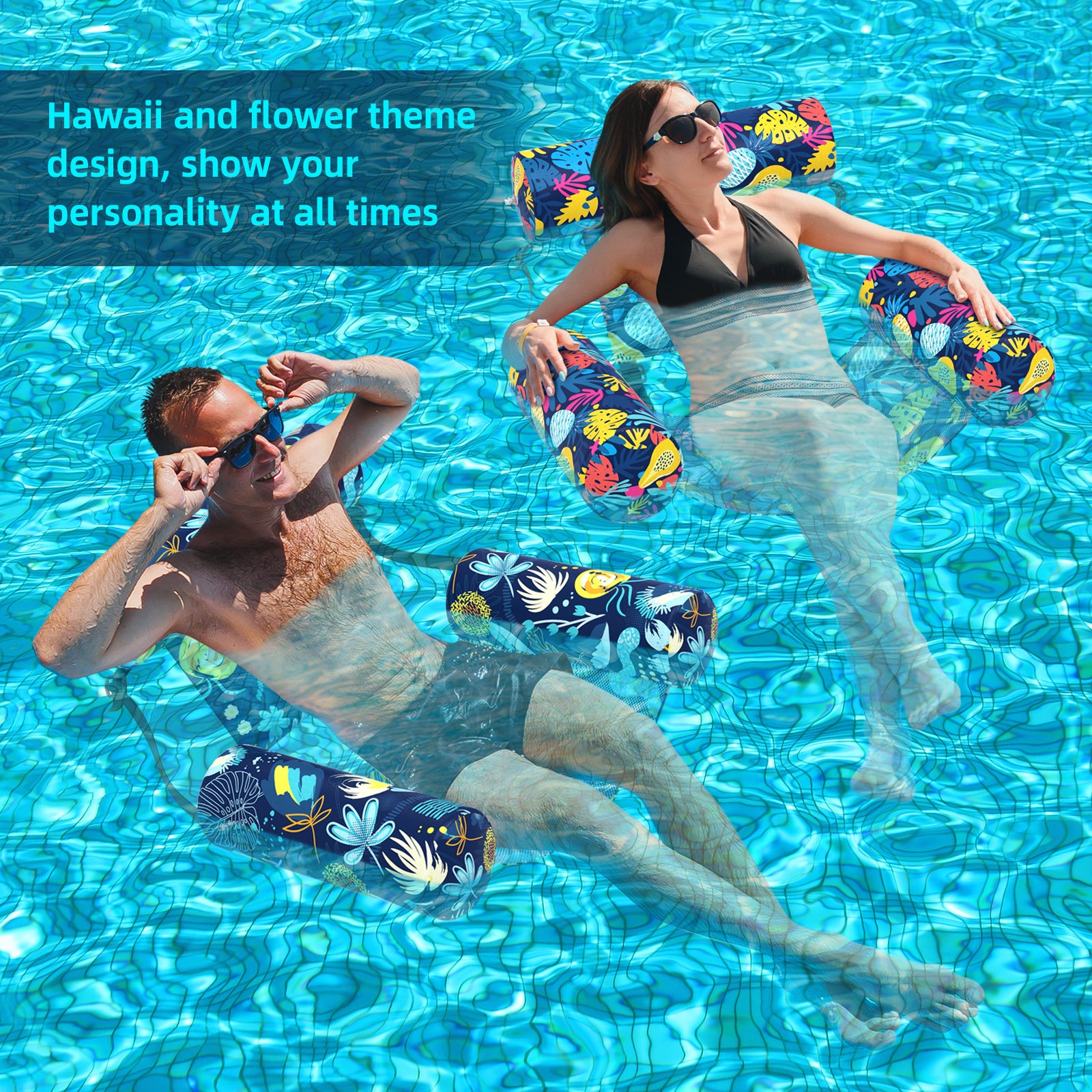 Pool Floats Adult, 2 Packs Fabric Inflatable Hammock Pool Lounge Chairs, Blow up Pool Floats for Adults, Hawaii Flower Pattern Floats for Pool Floating, Party Summer Water Beach Lake Fun
